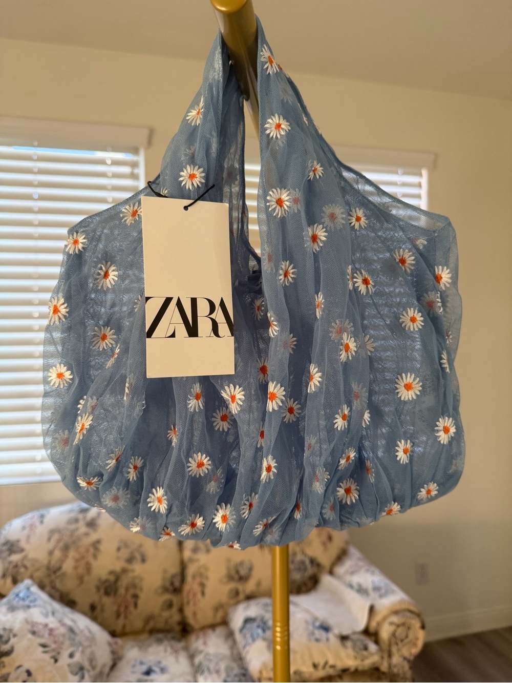 Zara Pale Blue Mesh Tote with White & Orange Daisy Embroidery